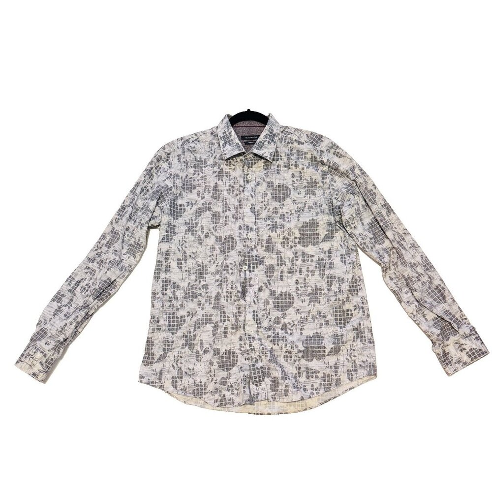 Bugatchi Long Sleeve Flip Cuff Shaped Fit Shirt Gray Floral Leaves Large - Picture 4 of 16